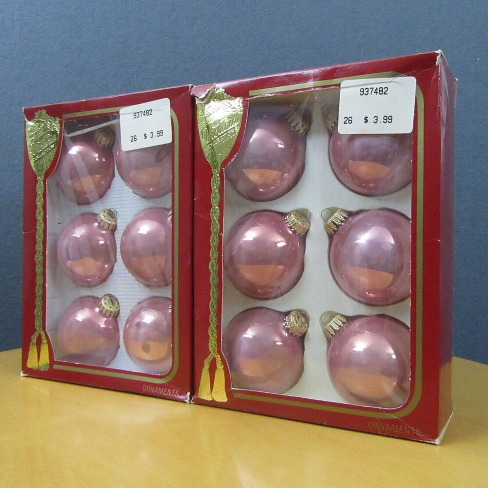 2 Vtg Boxes of 6 Victoria Collection Glass Christmas Ornaments Tuscany Rose Pink